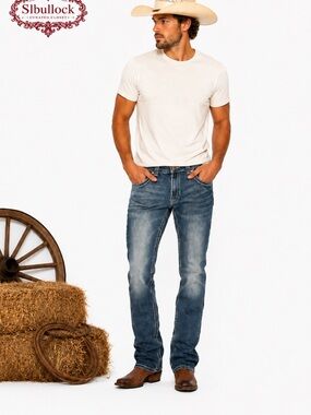 Rock 47 Wrangler Slim Boot Jeans 33x32 Western Cowboy Med Wash Contrast Stitch